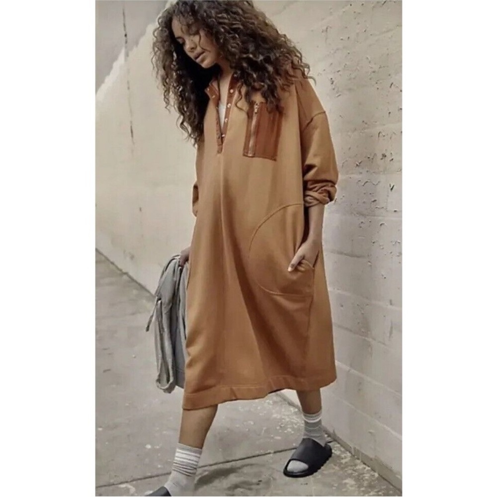 Free People Movement Block Party Maxi Sweatshirt Dress Brown Tan Size Large